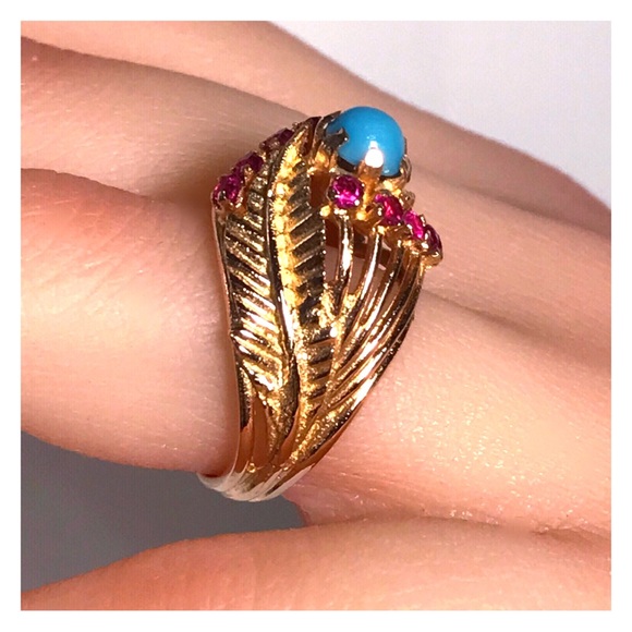 Antique Jewelry - 18KT SOLID GOLD ANTIQUE TURQUOISE & RUBY RING - 7.65 GRAMS!!
